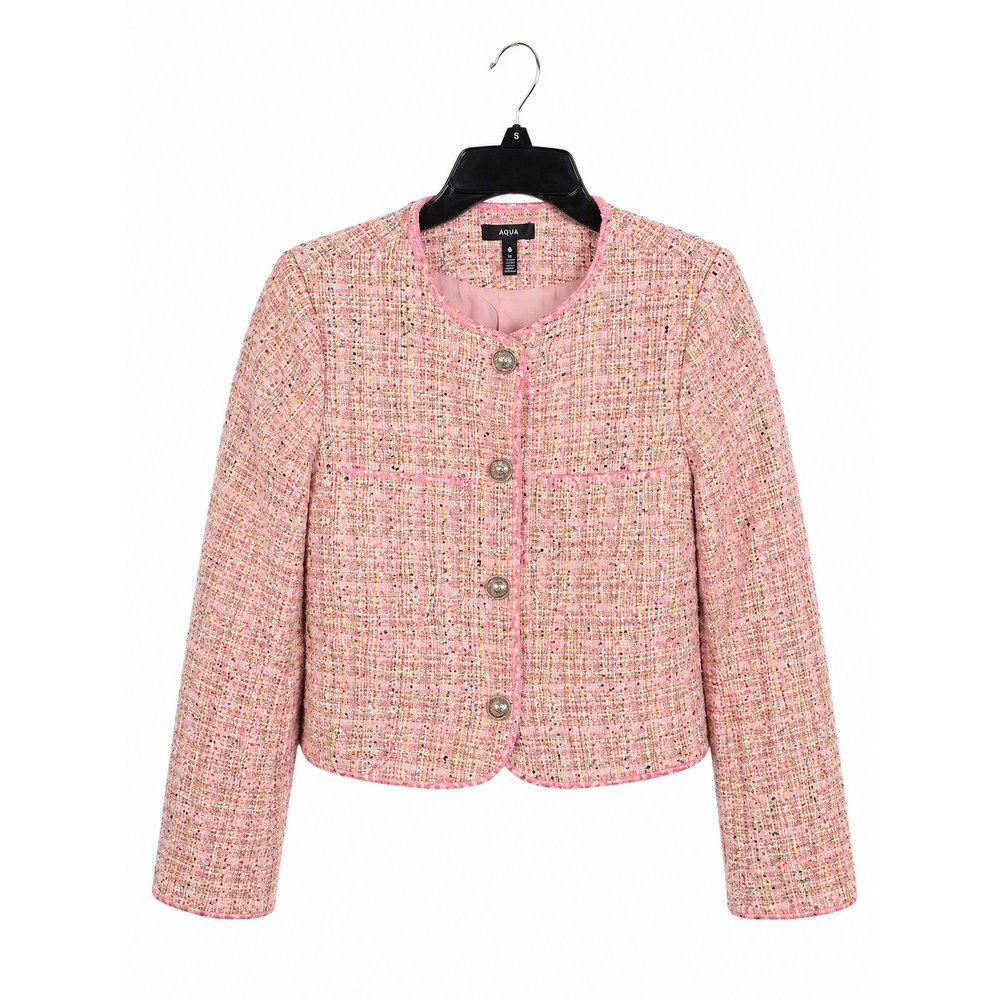 Aqua Pink Tweed Cropped Jacket Blazer Metallic Confetti Silver Crest Buttons S - Picture 3 of 7